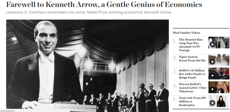 Larry Summers為Ken Arrow撰寫的悼文