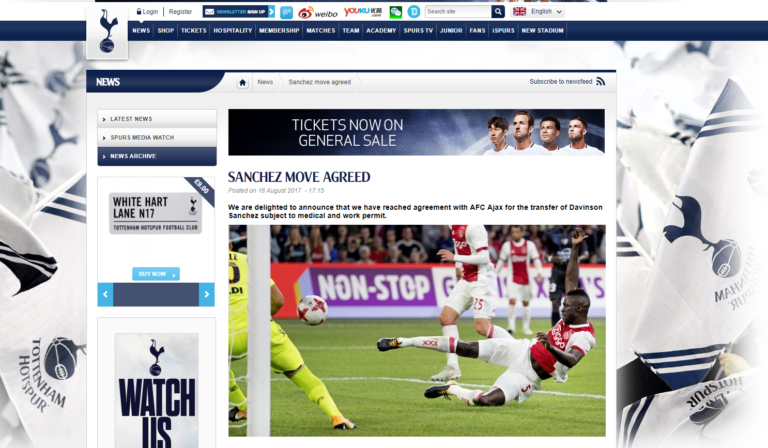 SANCHEZ MOVE AGREED on Spurs Website